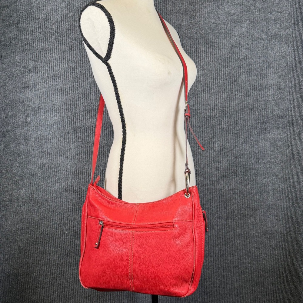 Tignanello Crescent Red Crossbody Bag Pebbled Leather Hobo Purse Casual Travel